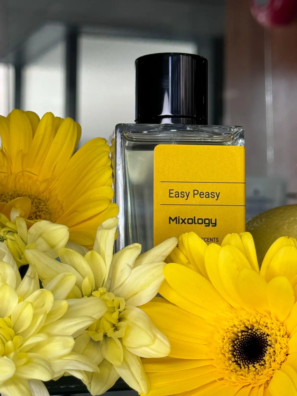 Mixology Easy Peasy fragrance bottle displayed among yellow flowers
